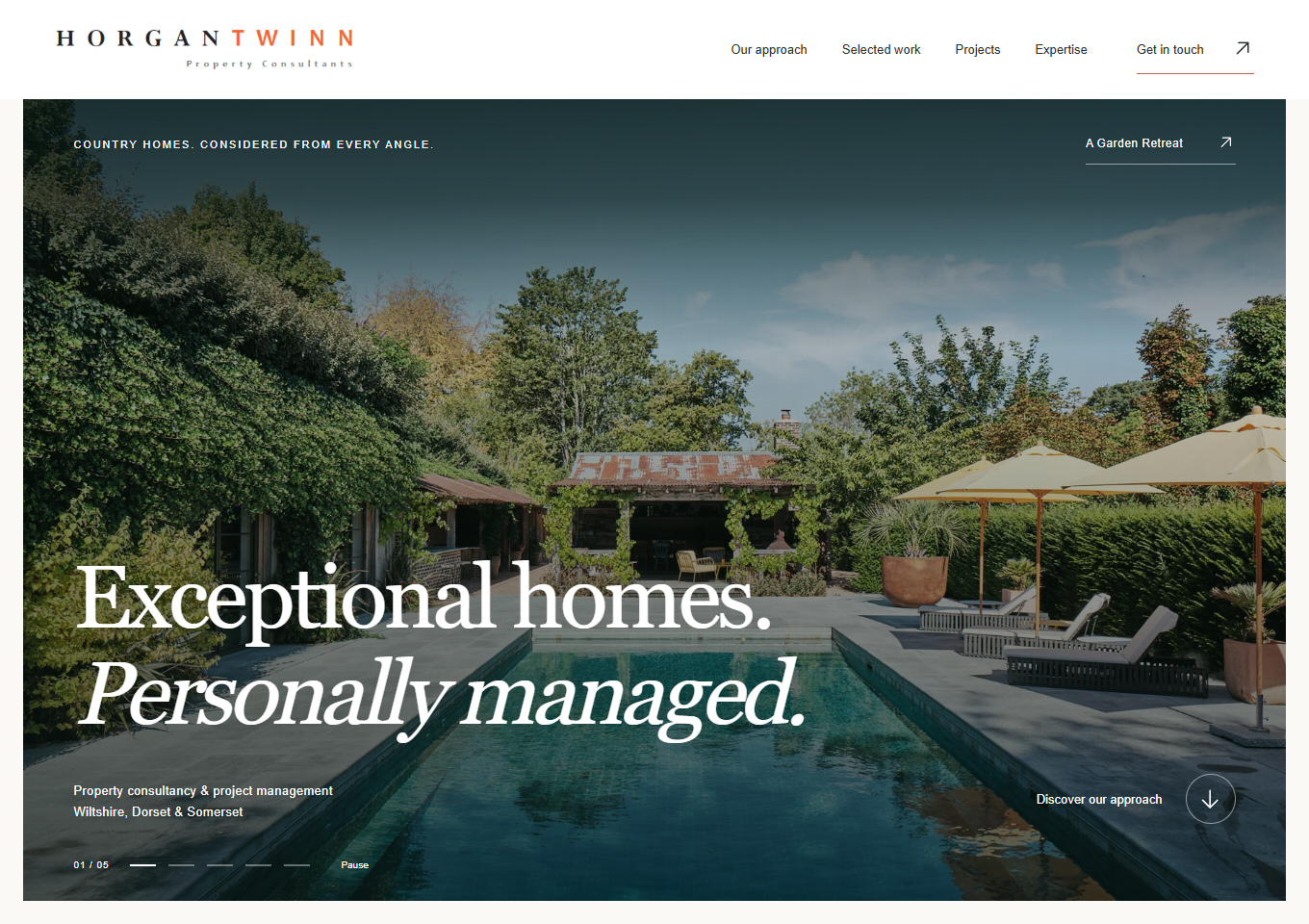 The Horgan Twinn website, featuring a pool and established country gardens.
