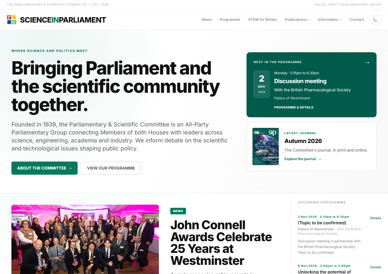 The Science in Parliament website, with its Westminster skyline and latest news.